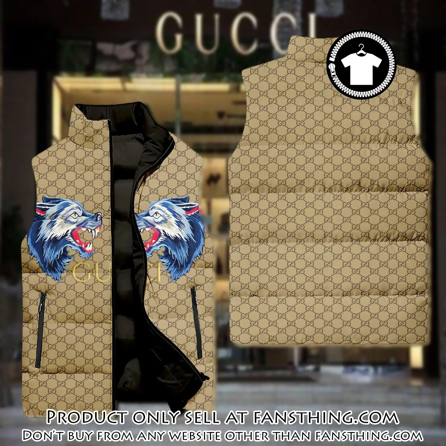 Gucci wolf yellow monogram luxury brand 3d sleeveless down jacket fst0508578